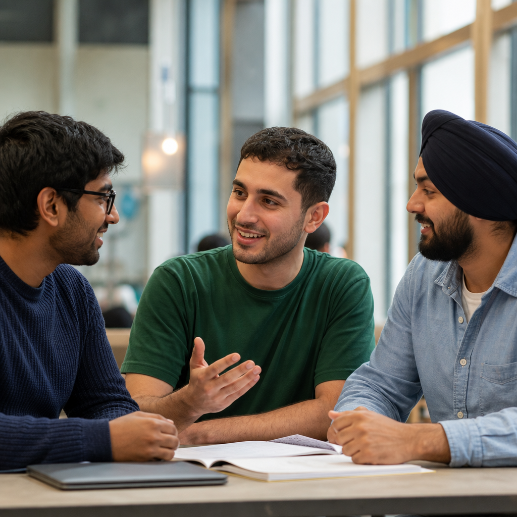 Men in conversation at university