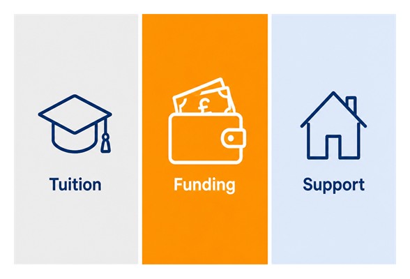 Tuition, Funding and Support icons in colour blocks