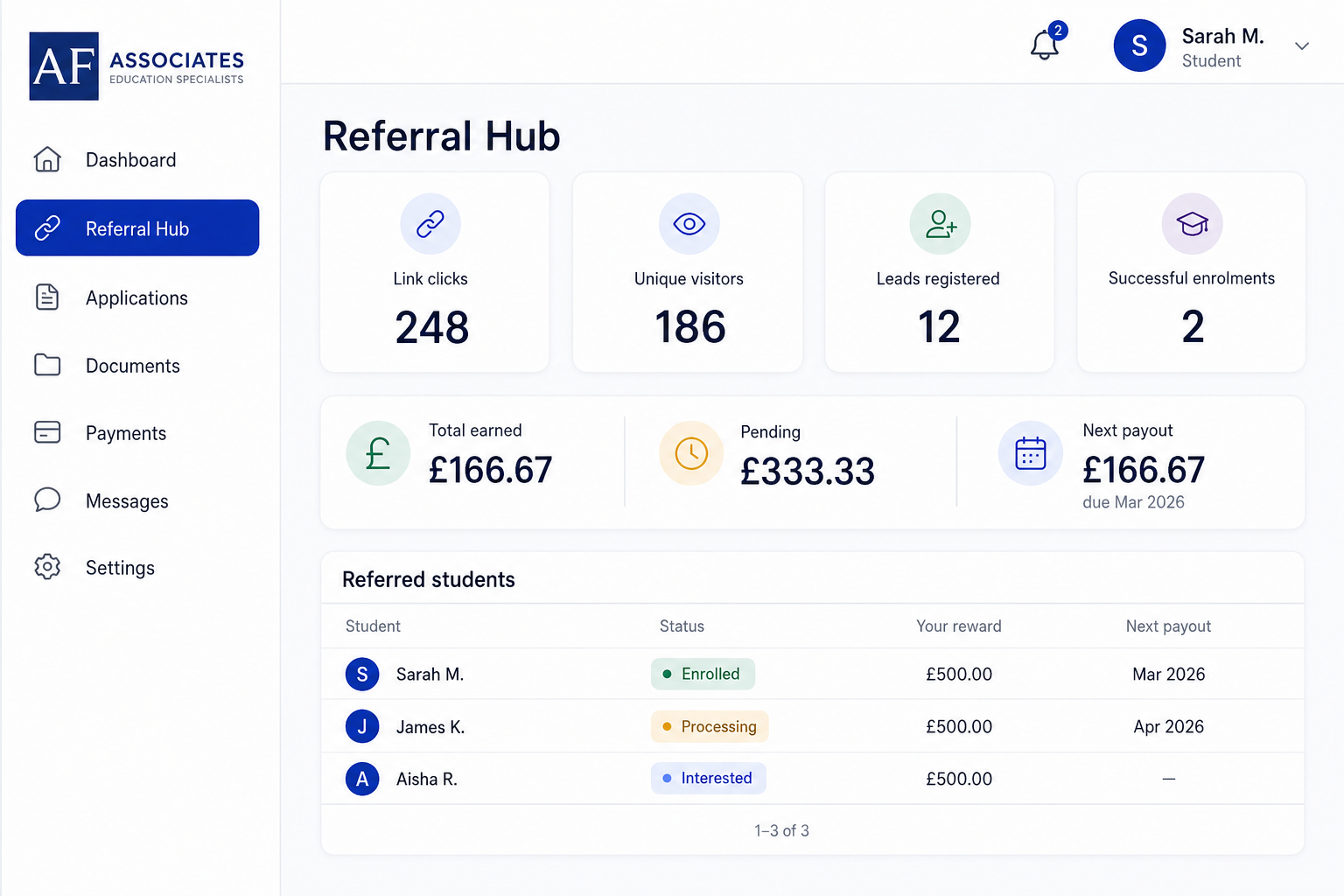 AF Associates student portal Referral Hub showing link clicks, enrolments, and reward instalments