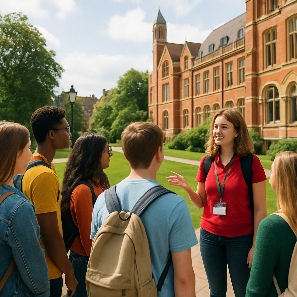 Students taking a guided tour of a university campus