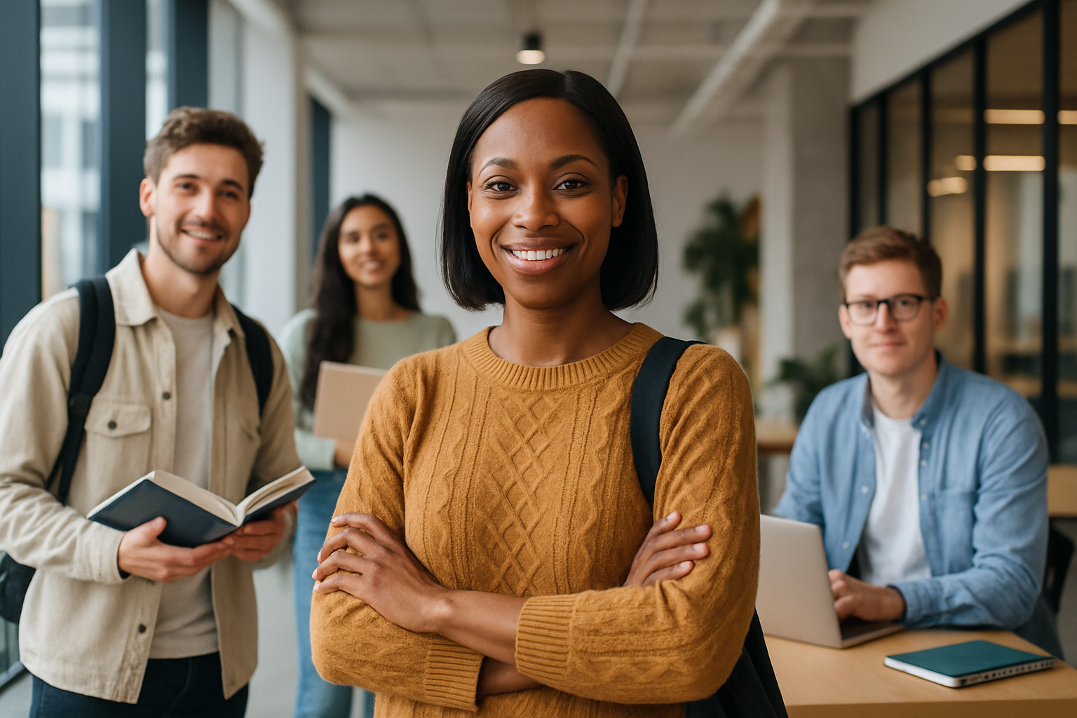 Confident professional standing in a modern office, representing successful career change