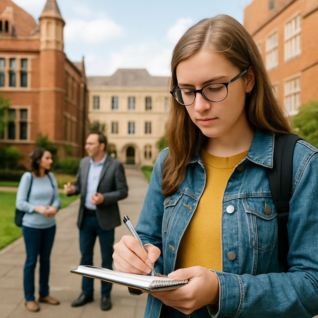 Student taking notes during a university tour