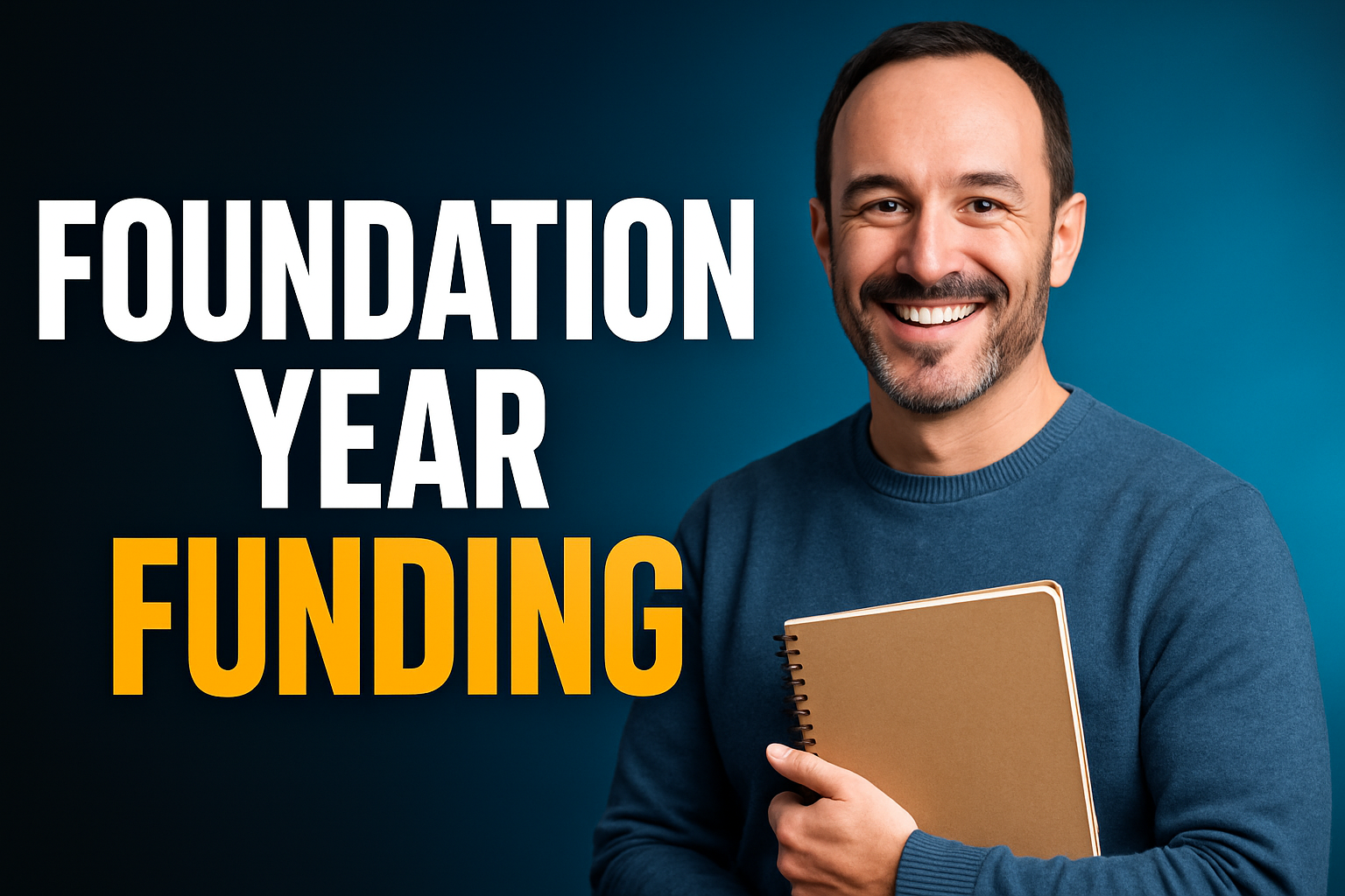 Mature student smiling with a notebook, ready to start a foundation year degree