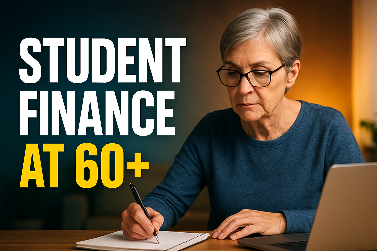 Student in their sixties studying at a desk with a laptop and notebook, planning student finance for a degree
