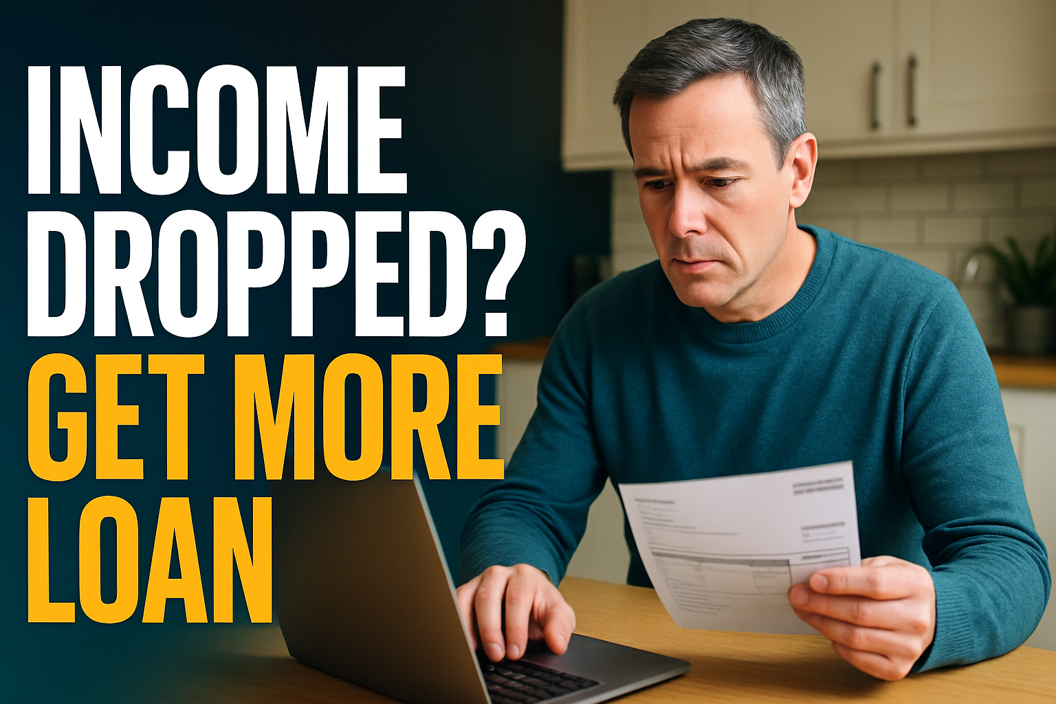 Mature student at a kitchen table comparing payslips and a laptop for a student finance current year income assessment