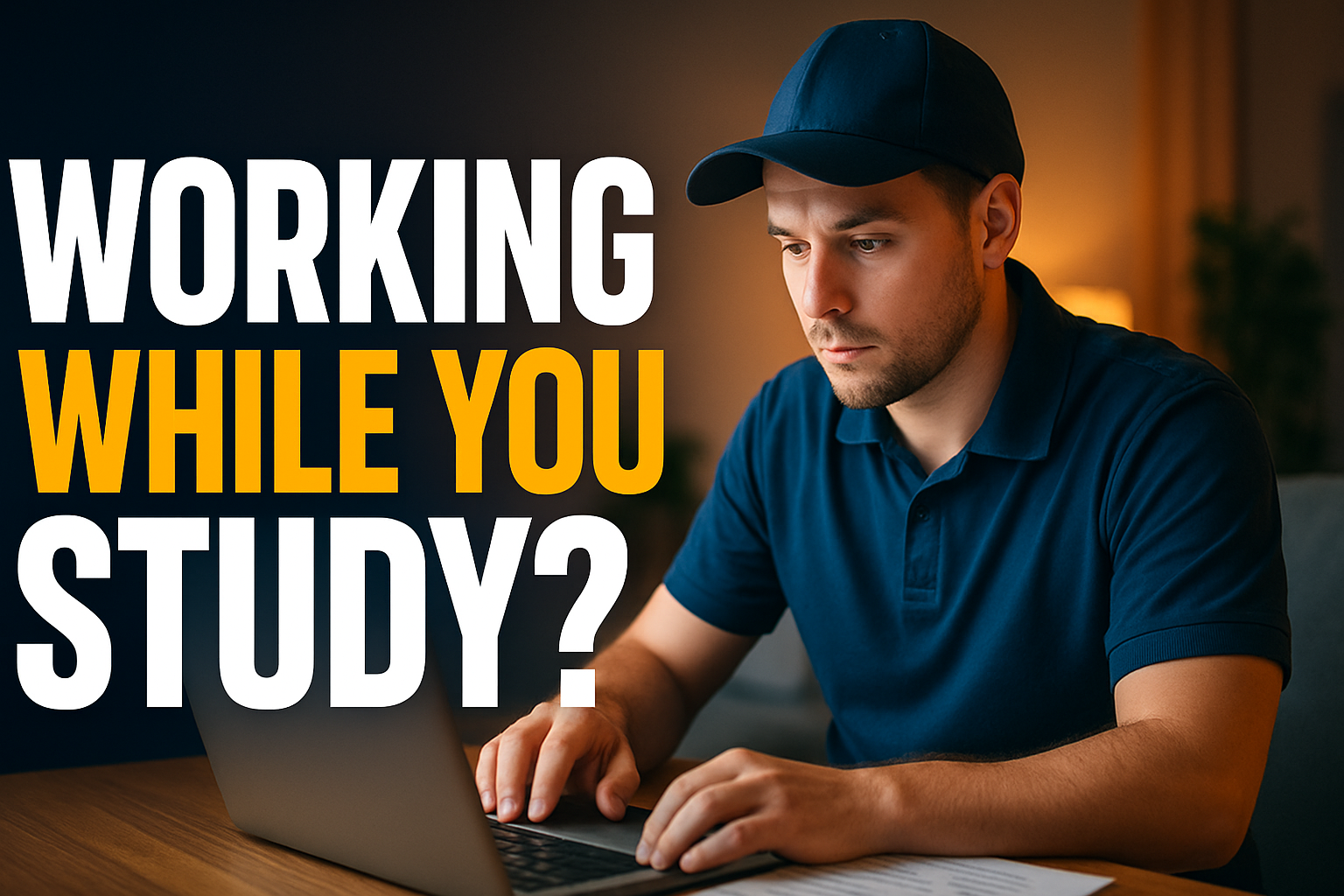 Mature student in a work uniform reviewing student finance on a laptop at home after a shift