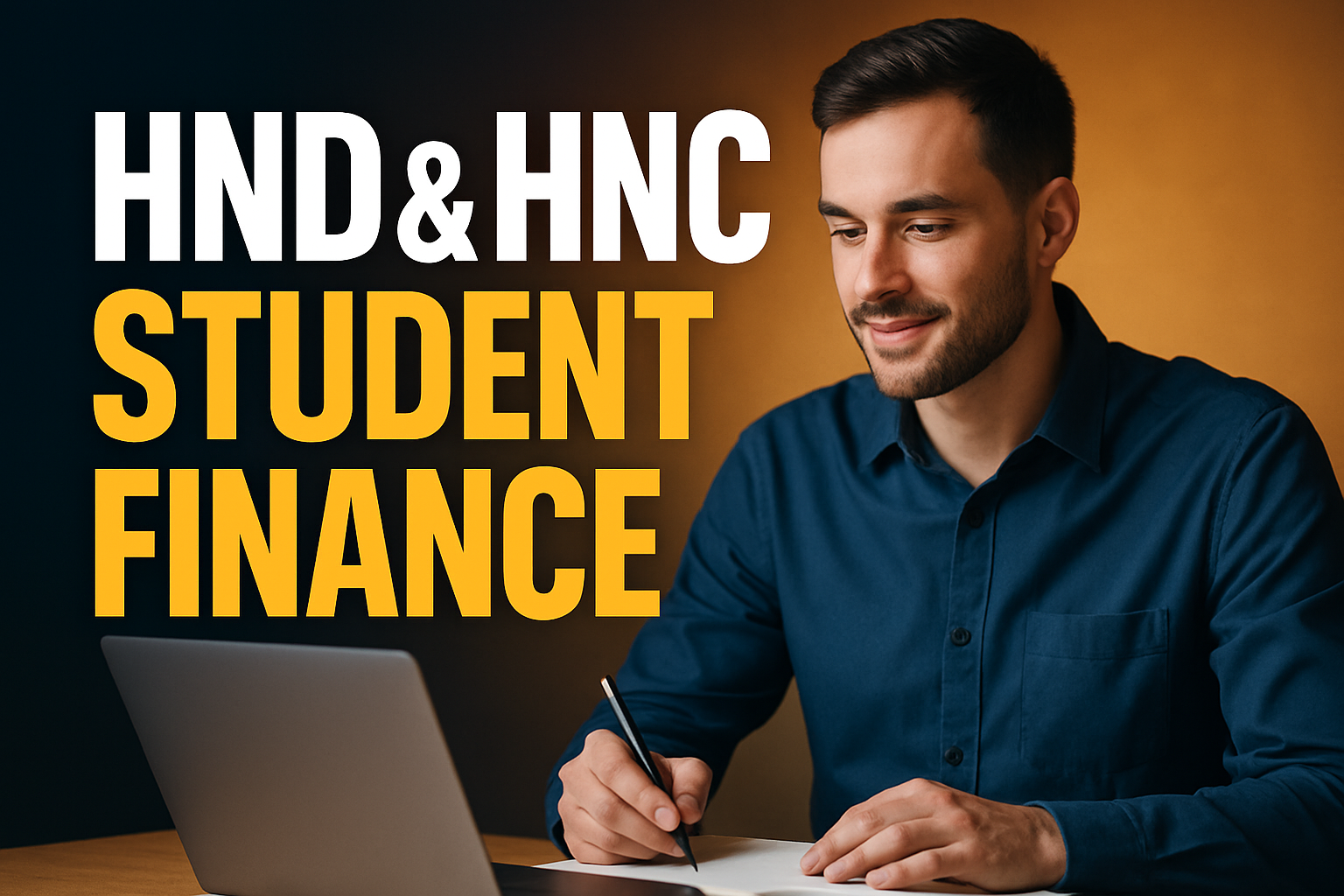 Adult learner with a notebook and laptop planning student finance for an HND or HNC course
