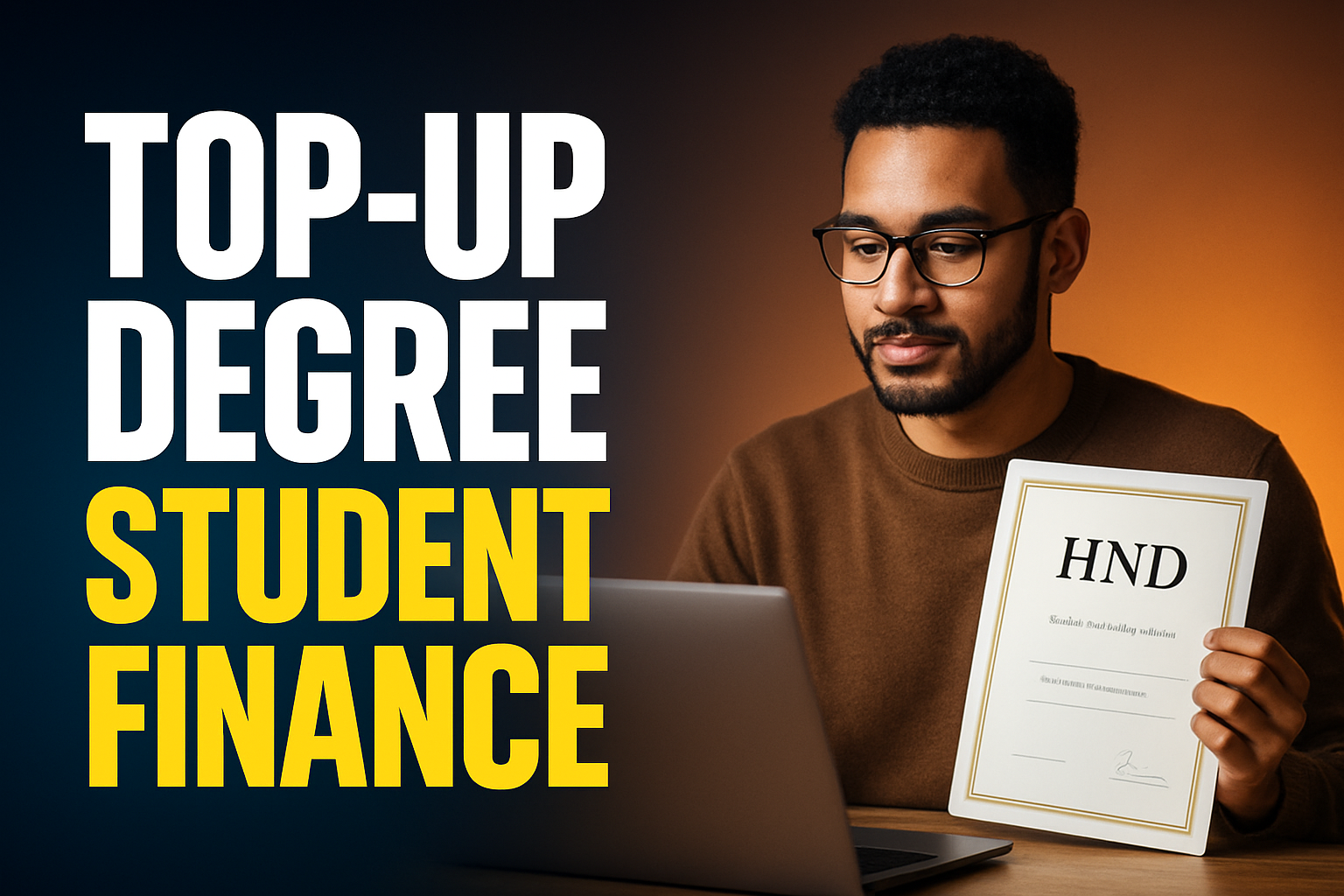 Adult learner with an HND certificate and laptop planning student finance for a top-up degree