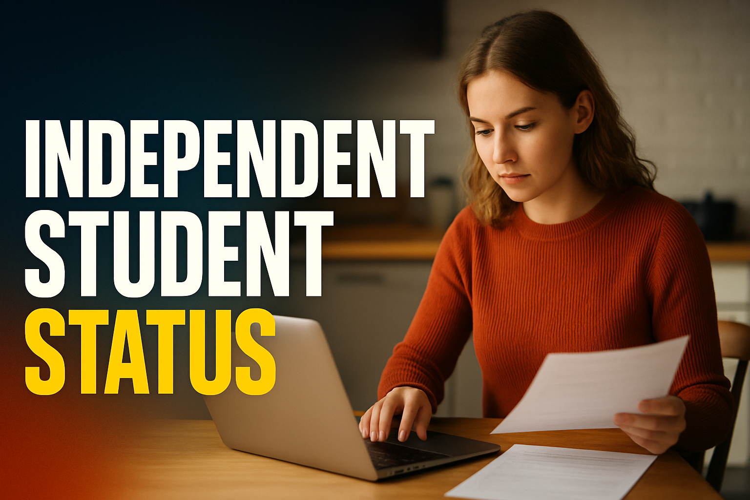 Adult learner at a kitchen table with a laptop and paperwork, checking independent student status for student finance