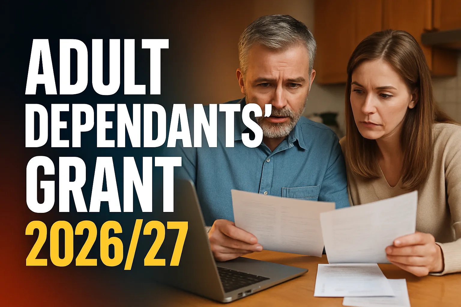 Mature student and partner at a kitchen table reading paperwork about the Adult Dependants' Grant