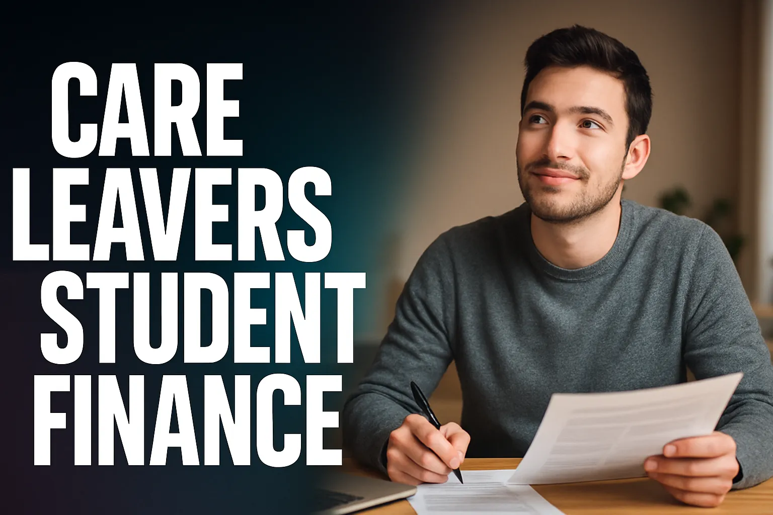 Young adult at a desk filling in a student finance form as a care leaver