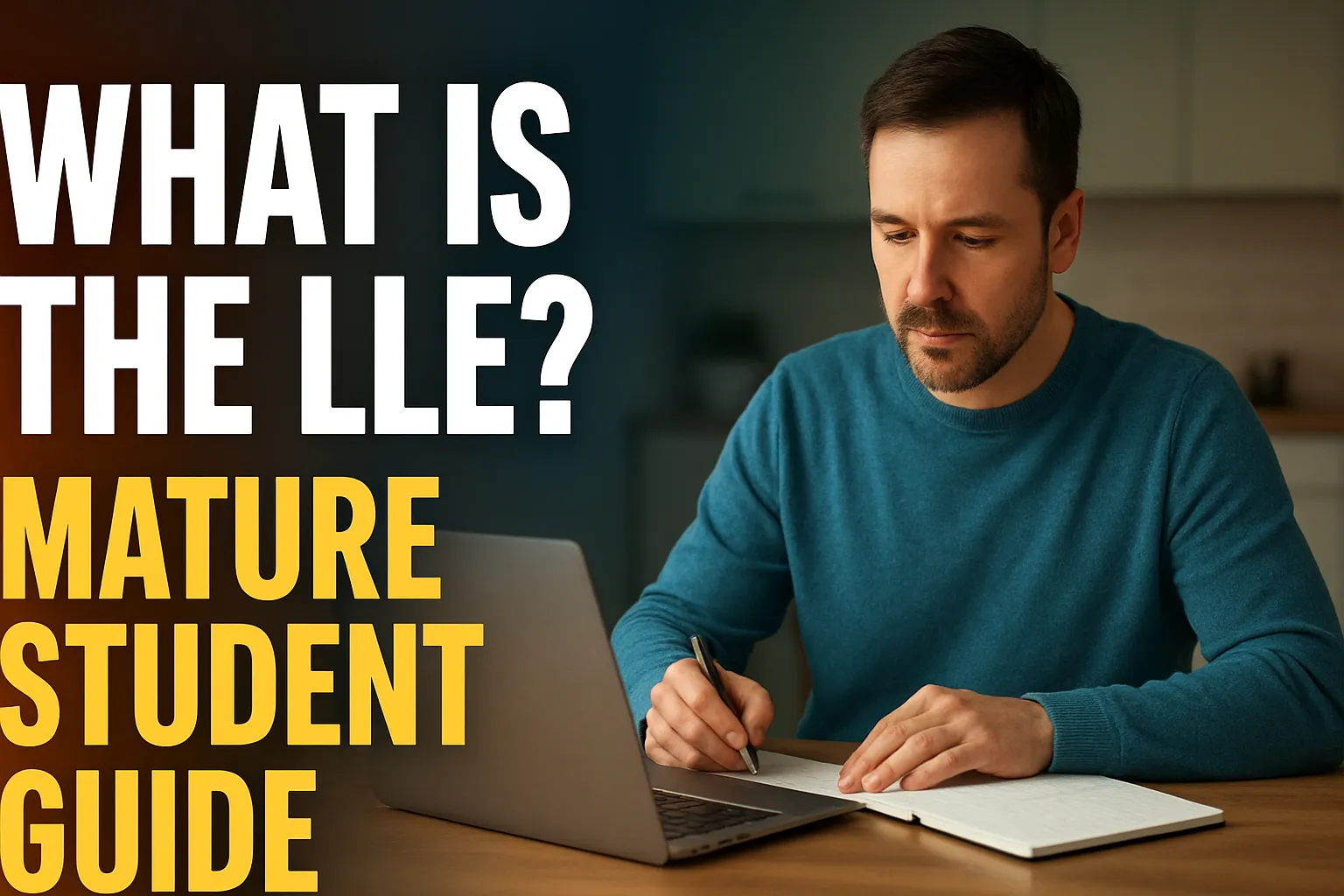 Mature student at a kitchen table reading a plain guide to the Lifelong Learning Entitlement on a laptop