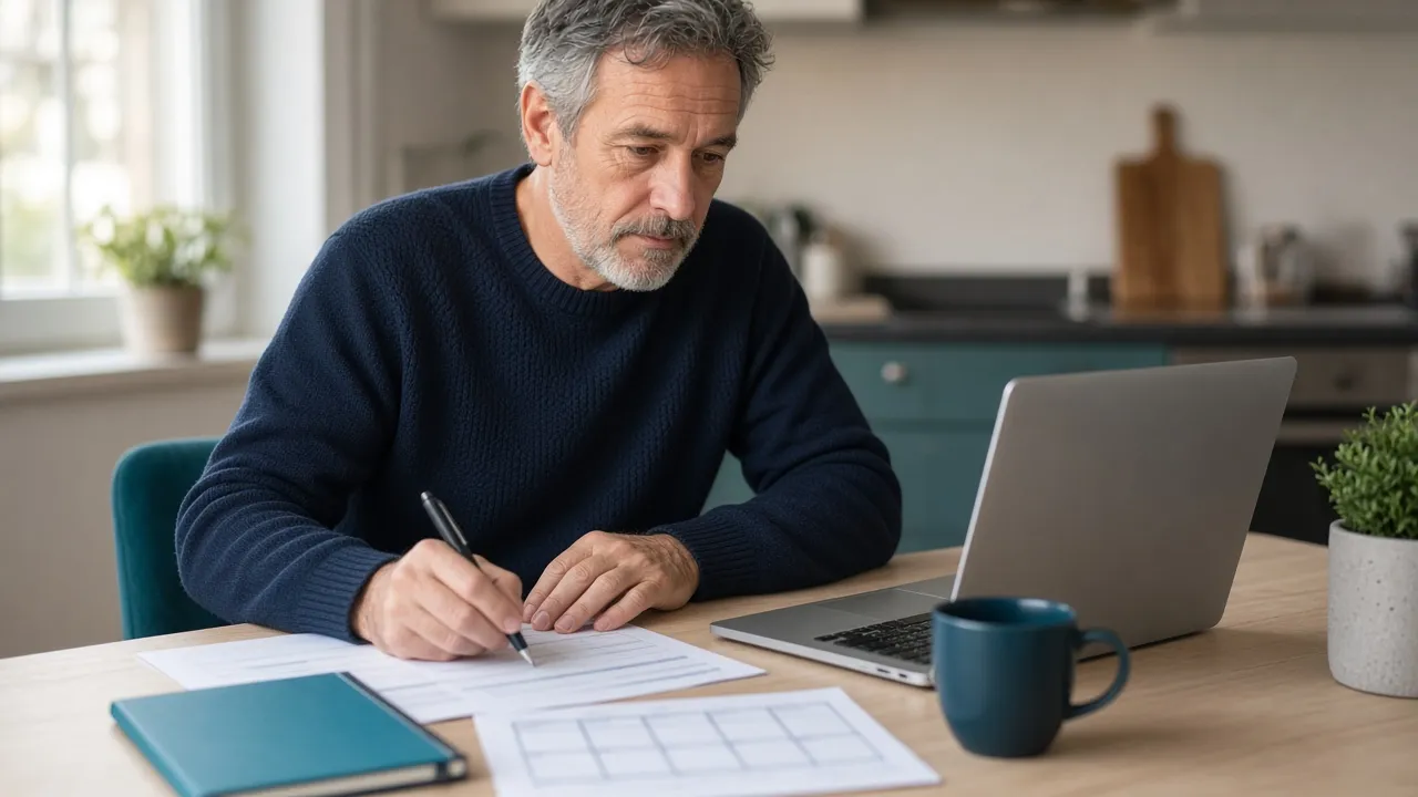 Mature UK student reviewing part-time Student Finance England paperwork on a laptop
